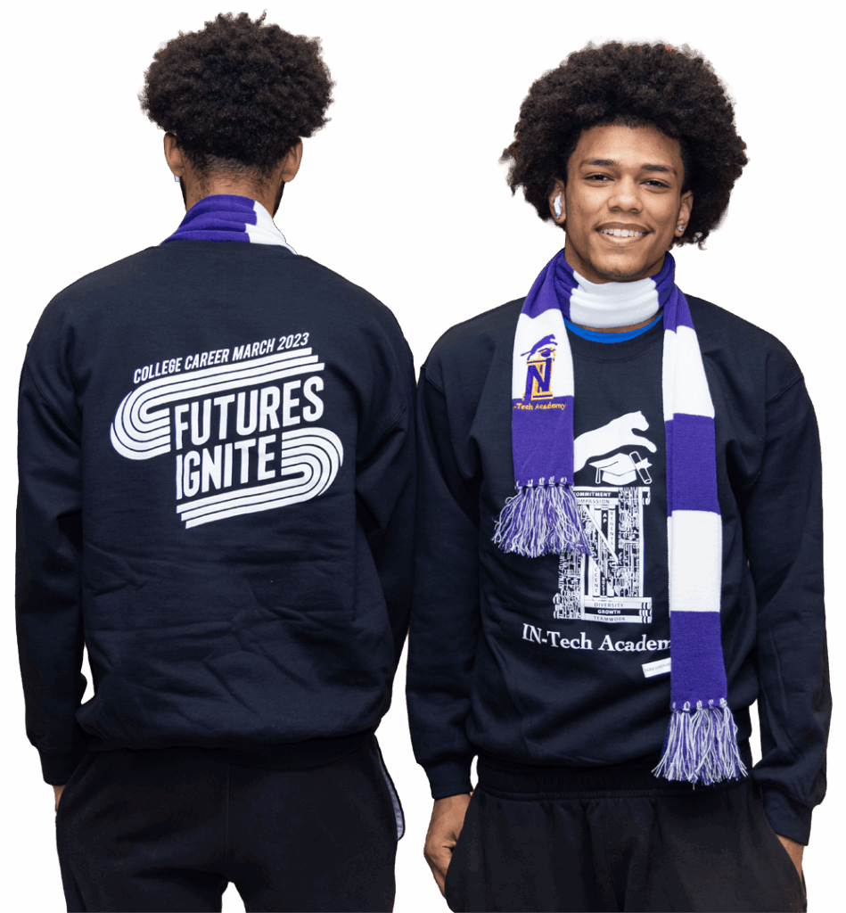 Students standing next to each other wearing Futures Ignite and In-Tech sweatshirts